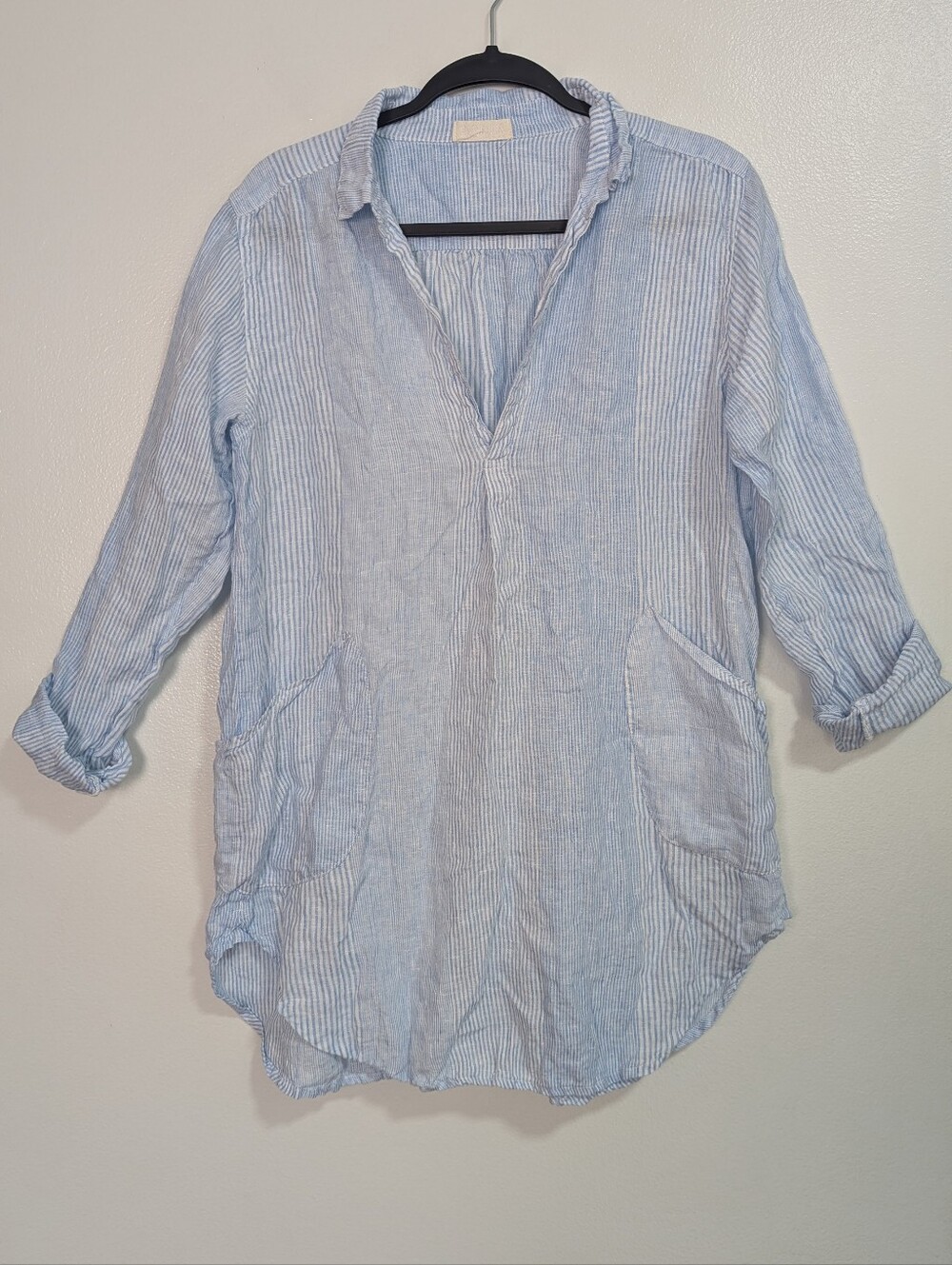 CP Shades Size Small 100% Linen Tunic Top Blue Striped V-Neck Coverup